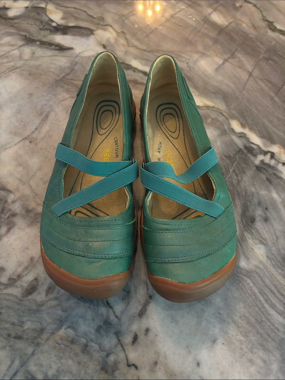 KEEN Teal Green Slip-On Flats with Elastic Cross Straps - Picture 1 of 9